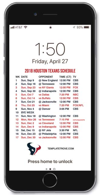 2018 Houston Texans Lock Screen Schedule
