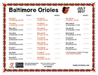 July 2017 Baltimore Orioles Printable Schedule
