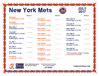 July 2017 New York Mets Printable Schedule