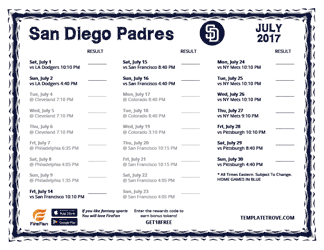July 2017 San Diego Padres Printable Schedule