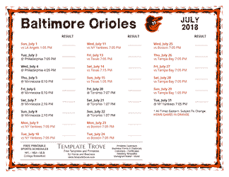 July 2018 Baltimore Orioles Printable Schedule