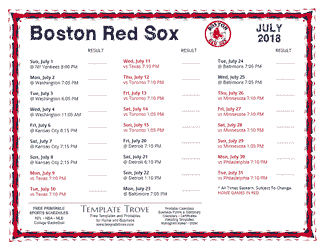 July 2018 Boston Red Sox Printable Schedule
