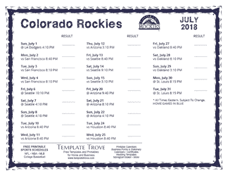 July 2018 Colorado Rockies Printable Schedule