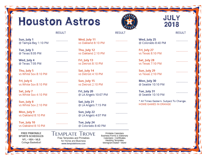 Printable 2018 Houston Astros Schedule