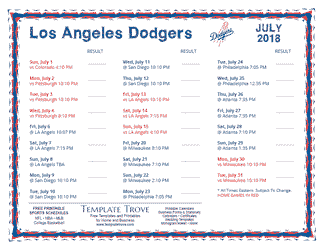 July 2018 Los Angeles Dodgers Printable Schedule