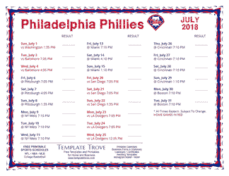 July 2018 Philadelphia Phillies Printable Schedule