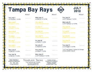 July 2018 Tampa Bay Rays Printable Schedule