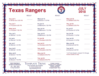 July 2018 Texas Rangers Printable Schedule