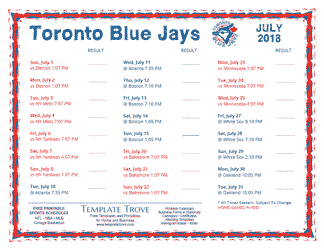 July 2018 Toronto Blue Jays Printable Schedule