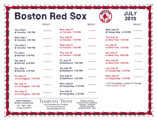 July 2019 Boston Red Sox Printable Schedule