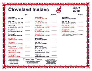 July 2019 Cleveland Indians Printable Schedule