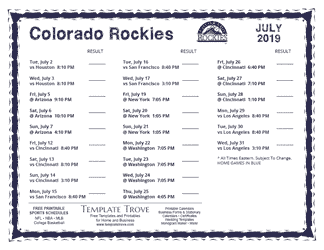 July 2019 Colorado Rockies Printable Schedule