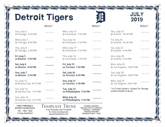 July 2019 Detroit Tigers Printable Schedule