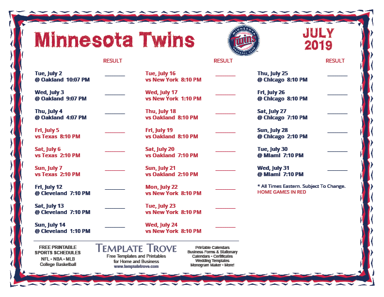 Minnesota Twins 2022 Schedule Printable 2019 Minnesota Twins Schedule