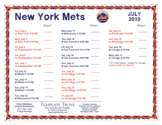 July 2019 New York Mets Printable Schedule
