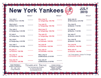 July 2019 New York Yankees Printable Schedule