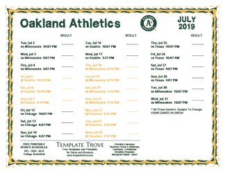 July 2019 Oakland Athletics Printable Schedule