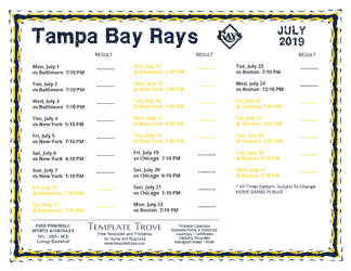 July 2019 Tampa Bay Rays Printable Schedule