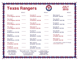 July 2019 Texas Rangers Printable Schedule