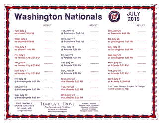 July 2019 Washington Nationals Printable Schedule
