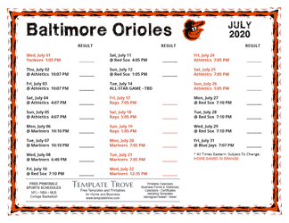 July 2020 Baltimore Orioles Printable Schedule
