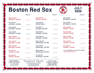July 2020 Boston Red Sox Printable Schedule