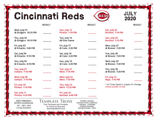 July 2020 Cincinnati Reds Printable Schedule