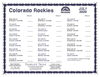 July 2020 Colorado Rockies Printable Schedule