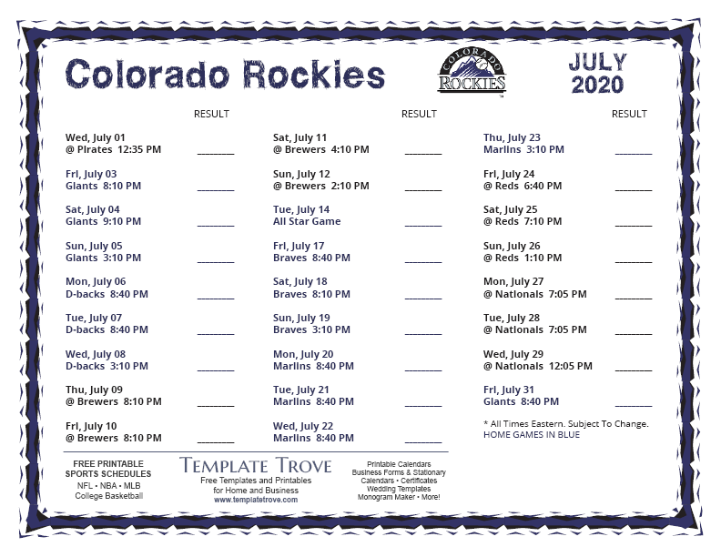 Printable 2020 Colorado Rockies Schedule