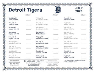 July 2020 Detroit Tigers Printable Schedule