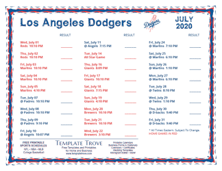 July 2020 Los Angeles Dodgers Printable Schedule
