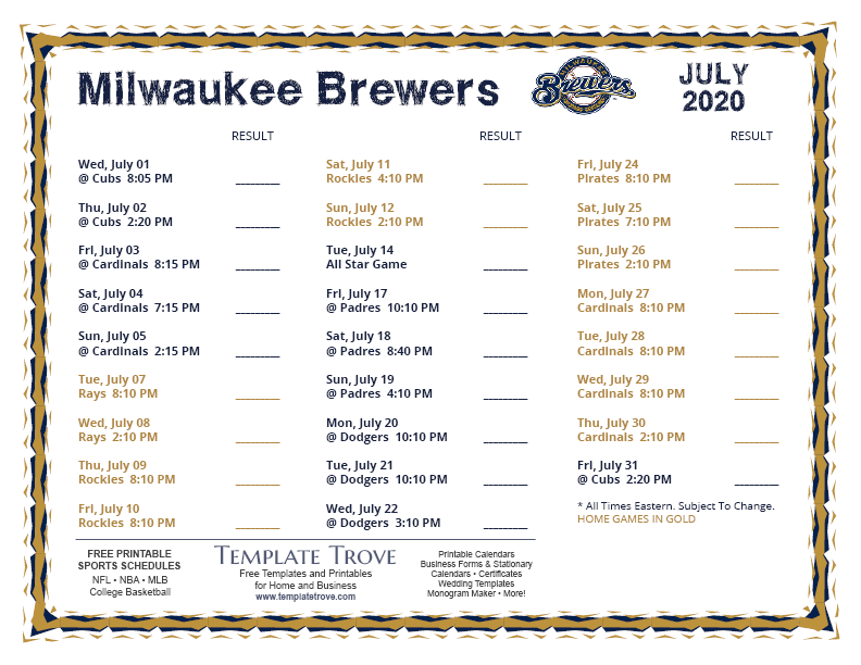 Printable 2020 Milwaukee Brewers Schedule