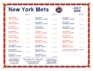 July 2020 New York Mets Printable Schedule