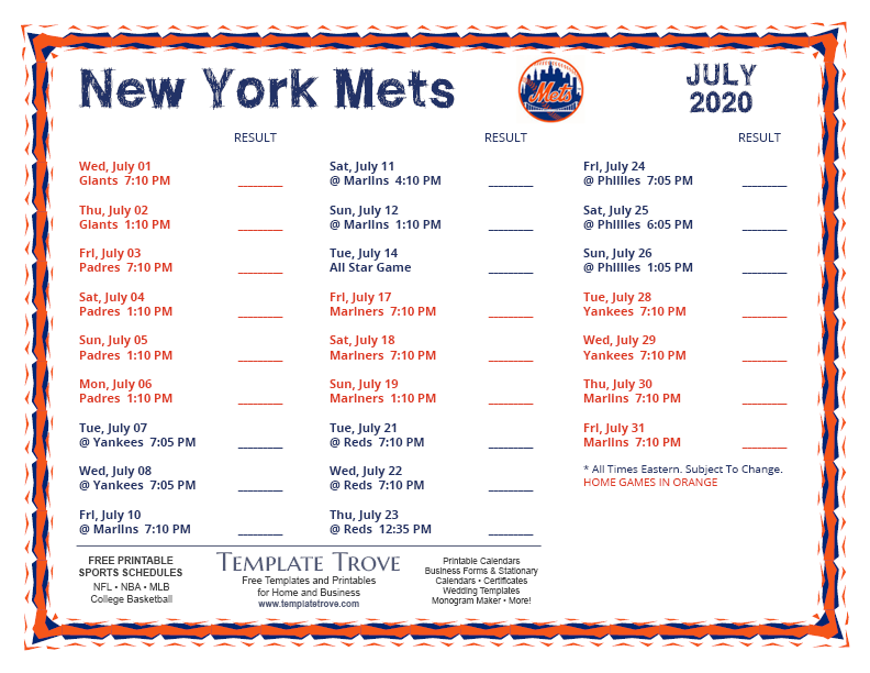 Printable 2020 New York Mets Schedule