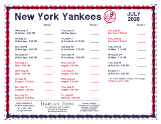 July 2020 New York Yankees Printable Schedule