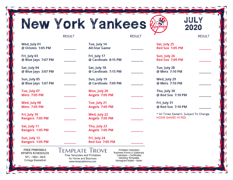 Printable 2020 New York Yankees Schedule