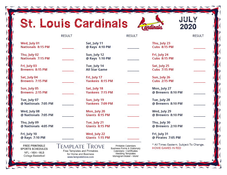 Printable 2020 St. Louis Cardinals Schedule