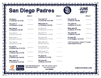 June 2017 San Diego Padres Printable Schedule