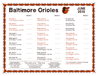 June 2018 Baltimore Orioles Printable Schedule