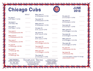 June 2018 Chicago Cubs Printable Schedule