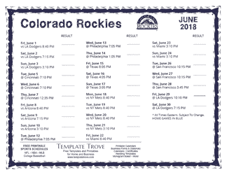 June 2018 Colorado Rockies Printable Schedule