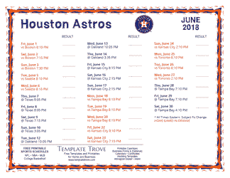 June 2018 Houston Astros Printable Schedule