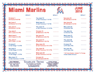 June 2018 Miami Marlins Printable Schedule