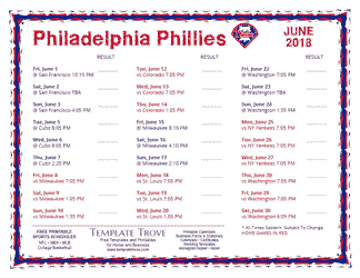 June 2018 Philadelphia Phillies Printable Schedule