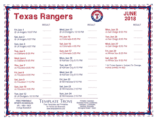 June 2018 Texas Rangers Printable Schedule
