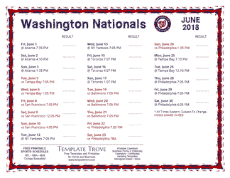 June 2018 Washington Nationals Printable Schedule