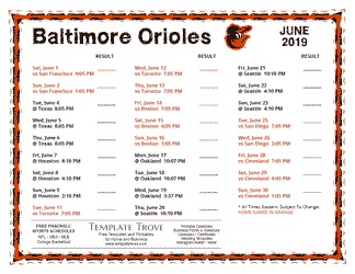 June 2019 Baltimore Orioles Printable Schedule
