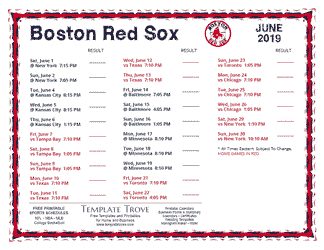 June 2019 Boston Red Sox Printable Schedule