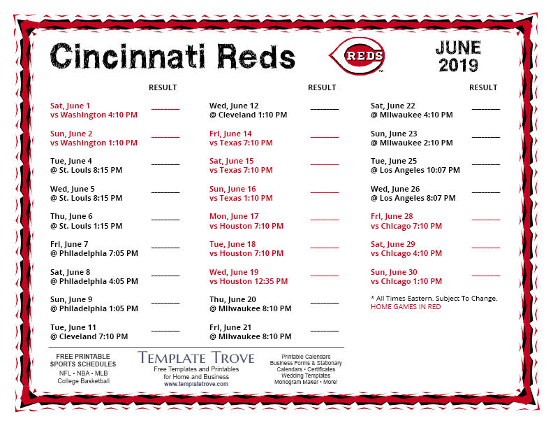 Printable 2019 Cincinnati Reds Schedule