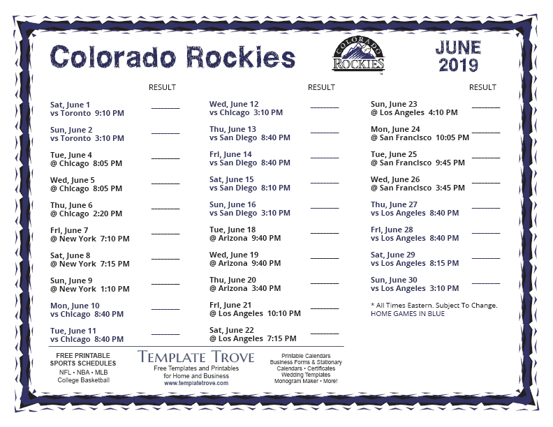 Printable 2019 Colorado Rockies S